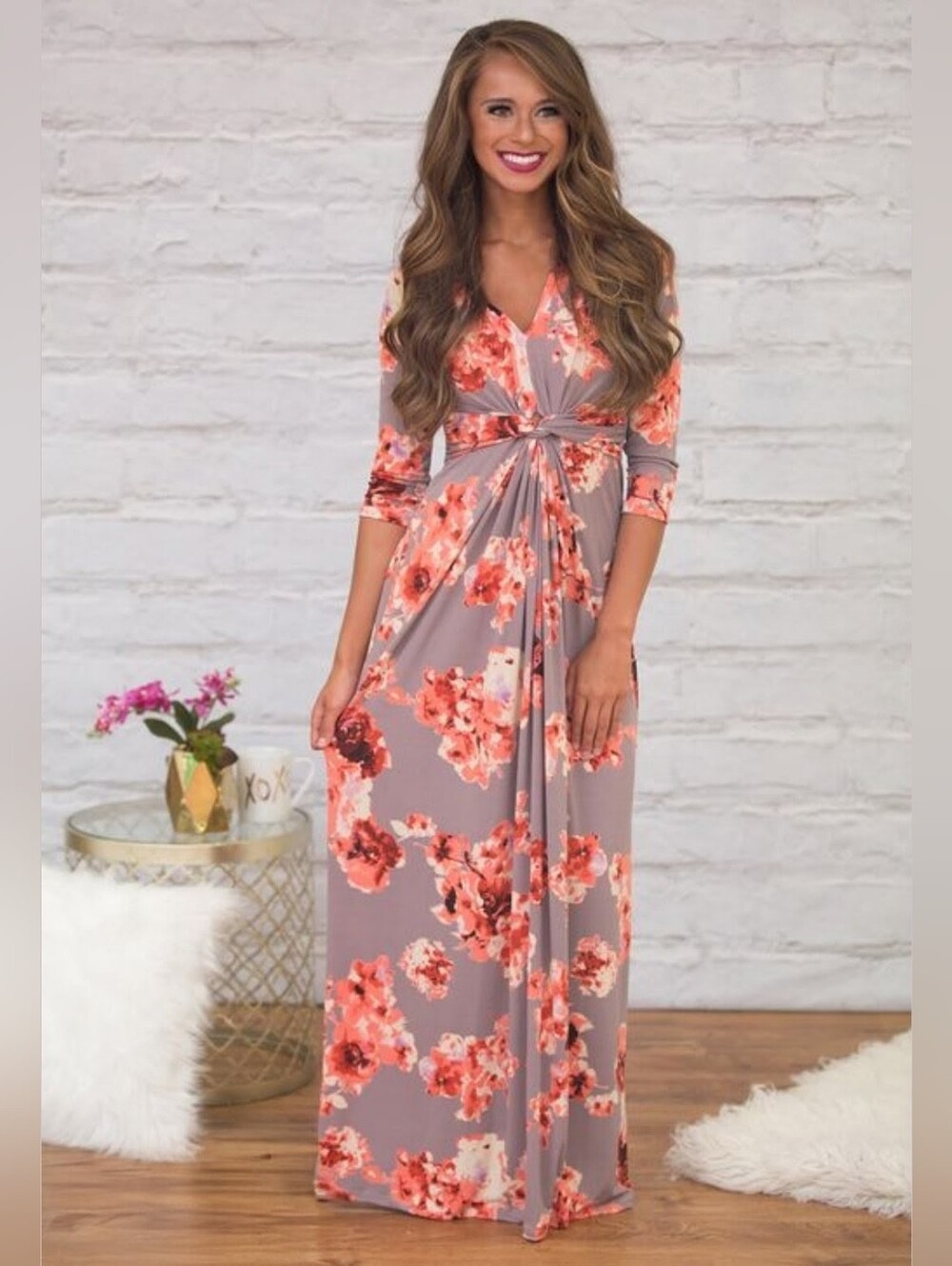 Peach Love Maxi Dress - Boho-Chic- Rose Print on Gray - Maternity Dress - Size S